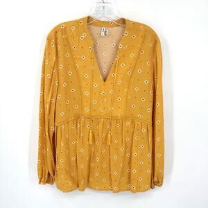 MUDD Women’s Gold W/White Floral Boho Peasant Top XL V-Neck Lightweight Flowy